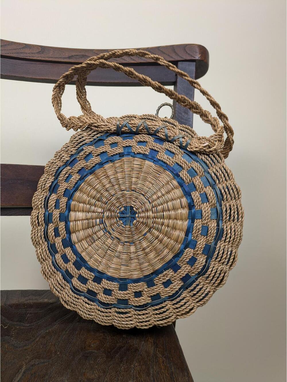 1980's handwoven rattan grass round basket bag